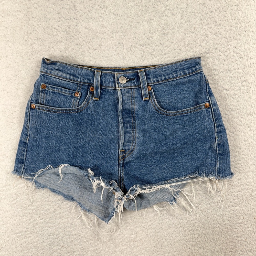 Levis 501 Shorts Womens 26 (Fits W26.5) Blue Button Fly Stretch Raw Hem Jean